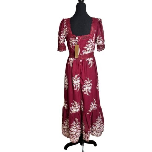 Cariar Vintage Women's Large Burgundy Floral Dress Embroidered Lace Puff Sleeve - Picture 2 of 16